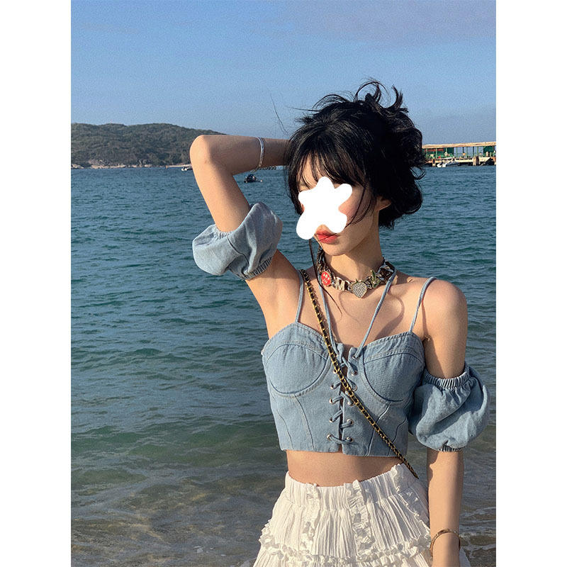 meis牛仔吊带背心女夏季新款辣妹内搭外穿挂脖短款泡泡袖上衣2022