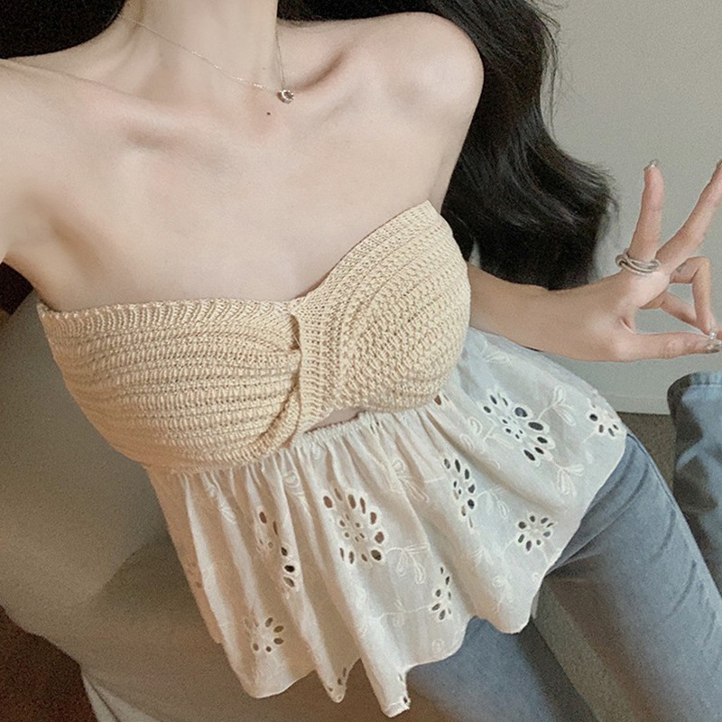 夏防走光胸女无肩带露背短款辣妹抹胸上衣裹背心针织纽结纯欲镂空