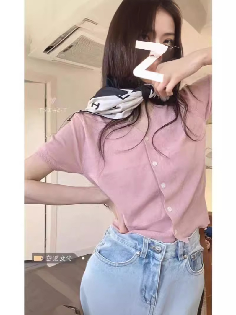 薄款冰丝短袖2024夏法式新款开衫时尚显瘦泡泡袖小香风上衣女