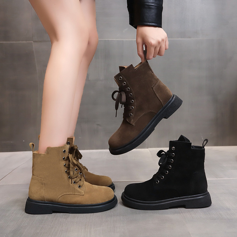 英伦风马丁靴2023秋季新款女士单靴磨砂系带方跟低跟低筒短靴批发