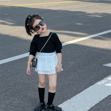 韩国童装女童2024夏季法式方领黑色T恤白色百褶安全裙裤两件套