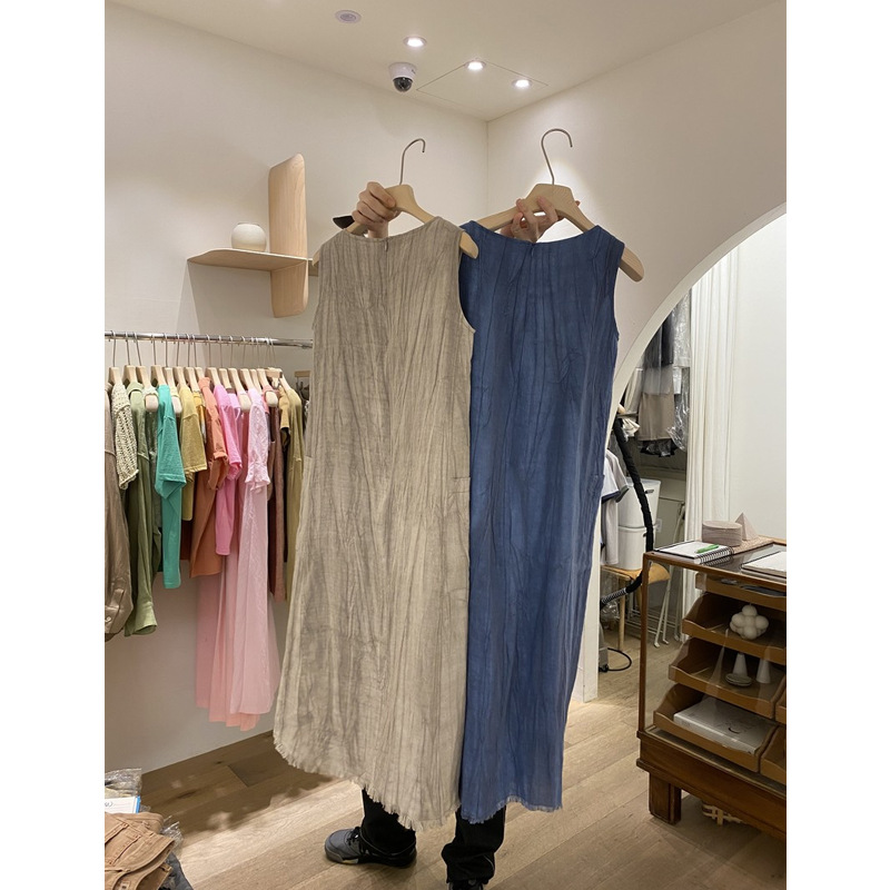Korean Dongdaemun 2023 Summer New Fashion round Neck Solid Color Tassel Edge Minimalist Vest Women's Fashion Dress