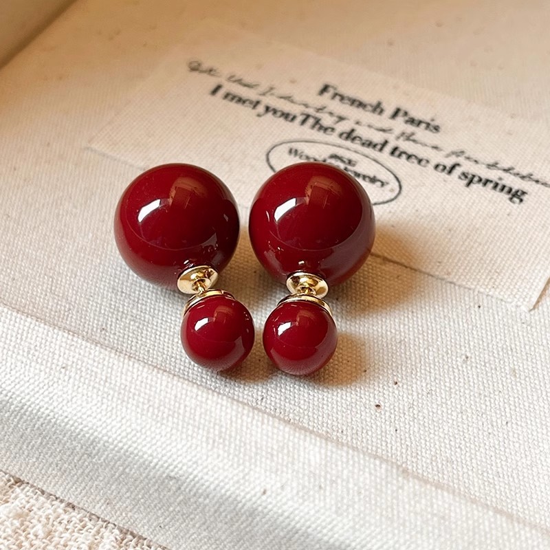 复古双面红色大小珍珠耳钉女轻奢小众设计感高级耳环新年风耳饰品