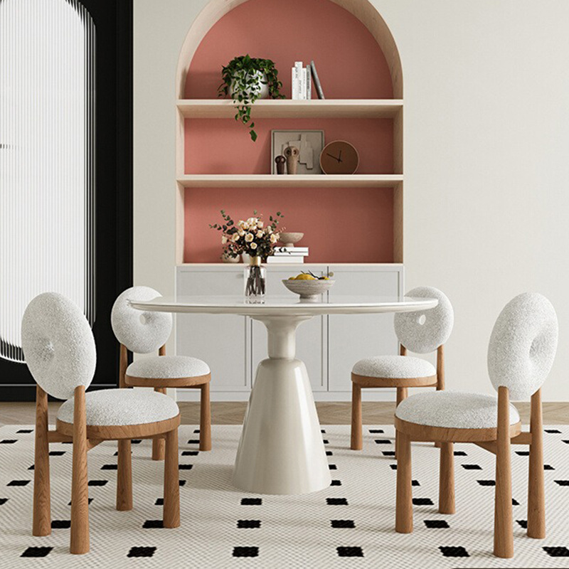 法式复古餐桌奶油风亮光岩板圆桌现代简约网红咖啡厅桌子家用饭桌