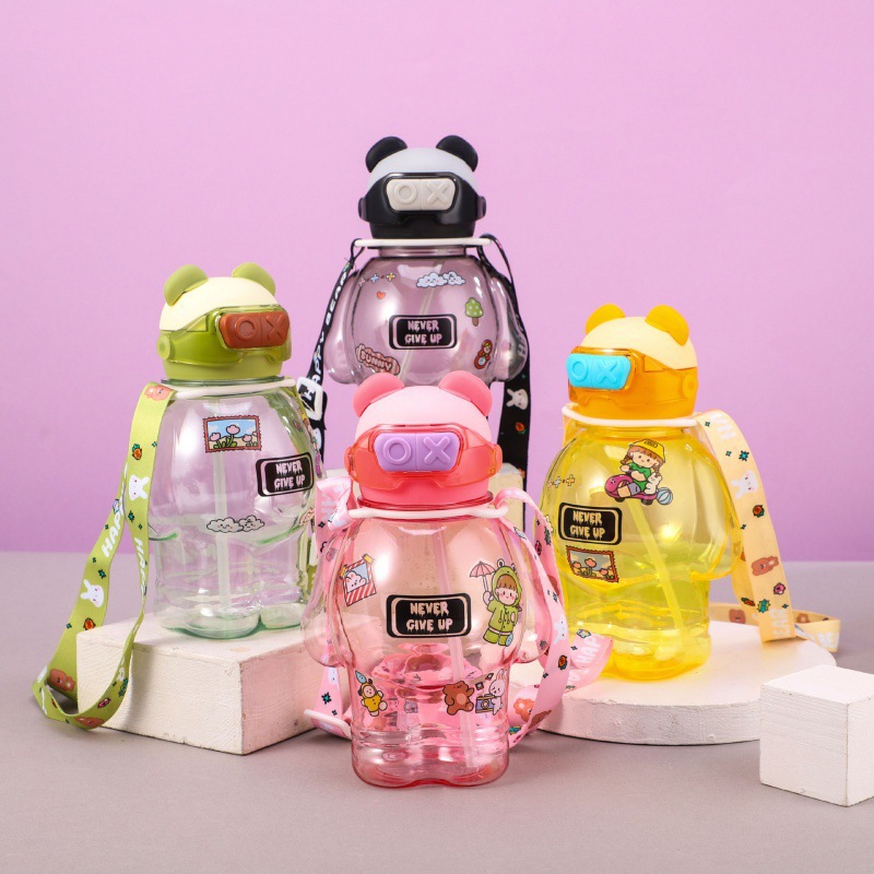 new creative vest bear water cup summer cute children straw cup student outdoor portable plastic kettle