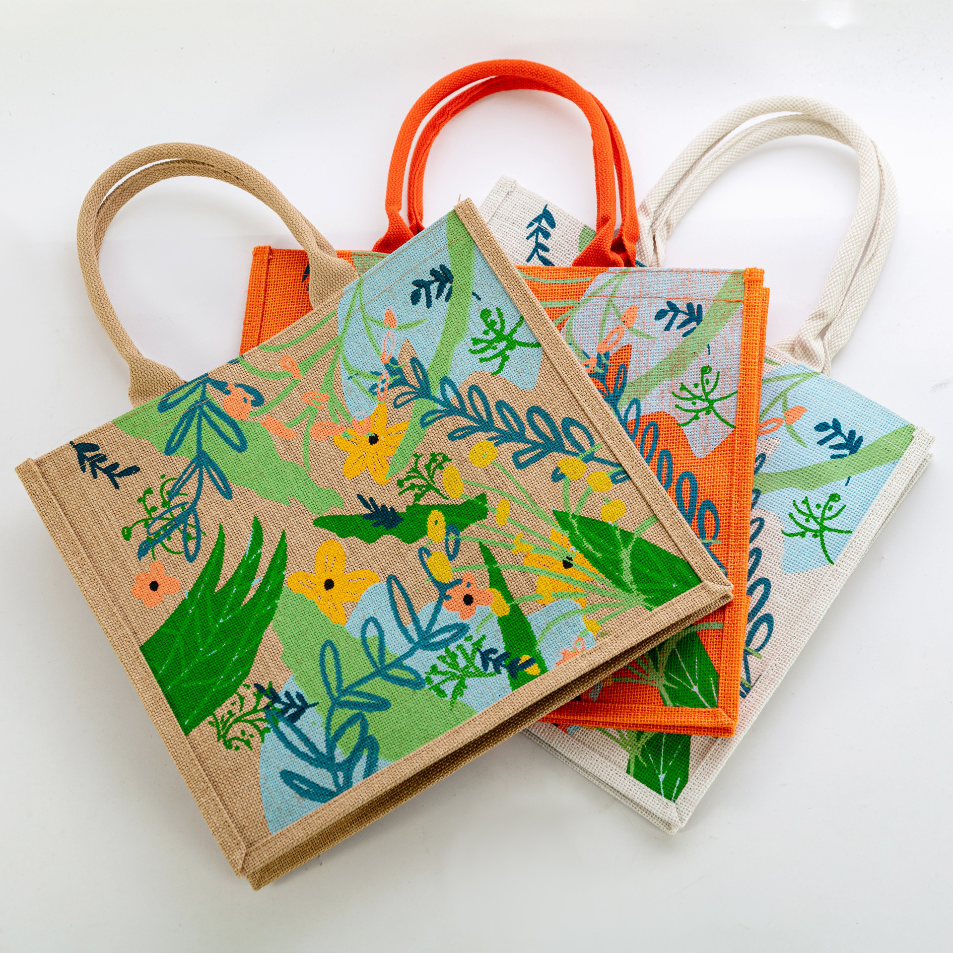 时尚简约麻布手提袋女亚麻印花大容量卡通环 保购物袋旅游便当包