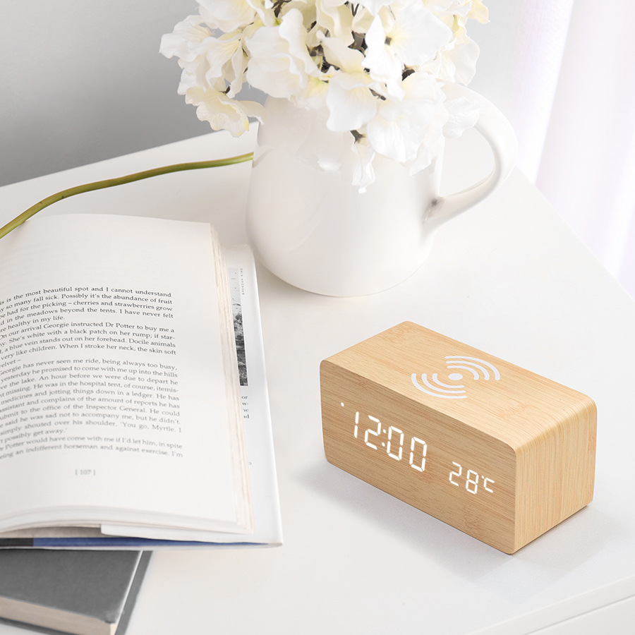 Factory Direct Sales Simple Fashion Creative Led Digital Alarm Clock Mobile Phone Wireless Charging Smart Wooden Clock