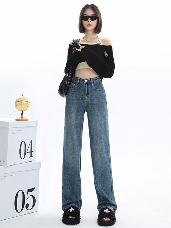 2023 High Waist Jeans Women's Autumn and Winter Thick Velvet Loose Slimming Popular Drape Versatile Mop Pants Slimming Straight Pants