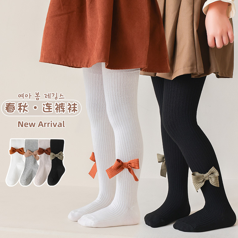 春款2024女童连裤袜精梳棉中国风竖条大蝴蝶结薄款儿童打底裤薄款