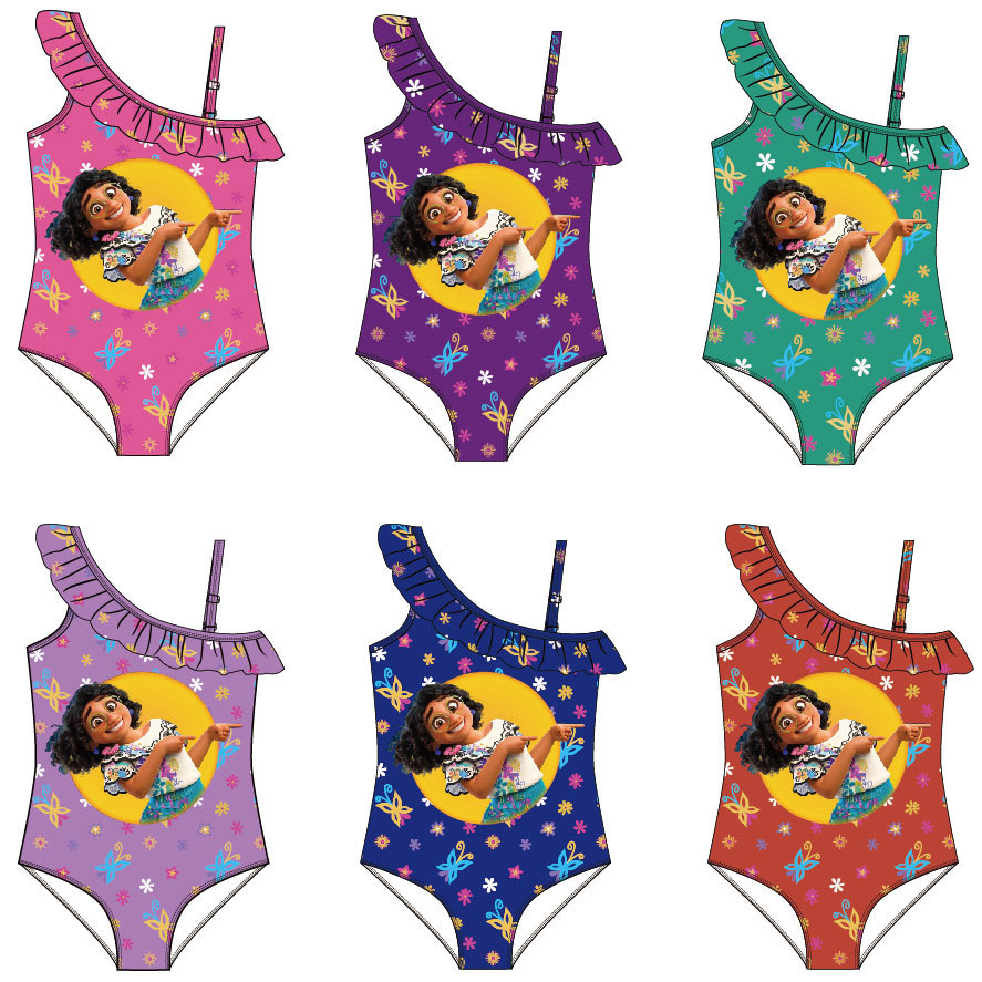 跨境爆款魔法满屋泳衣女童荷叶边连体游泳衣宝宝卡通印花儿童泳衣