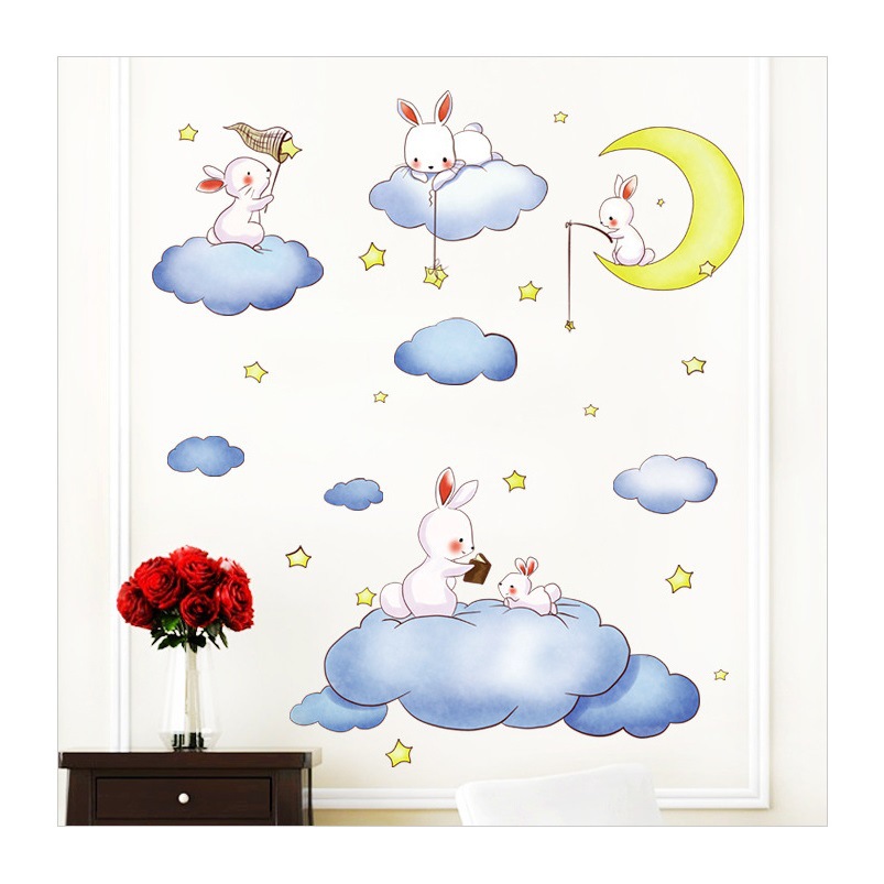 新款卡通兔子云朵墙贴画客厅儿童卧室自带背胶装饰贴画