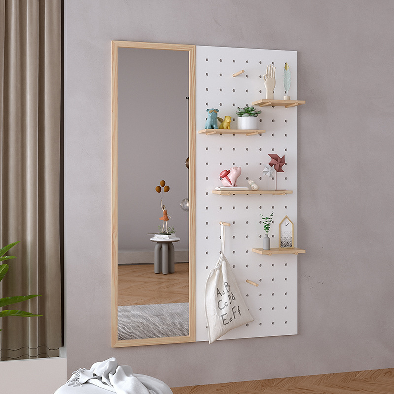 全身镜衣帽架一体壁挂穿衣镜入户玄关实木ins风卧室洞洞板镜子