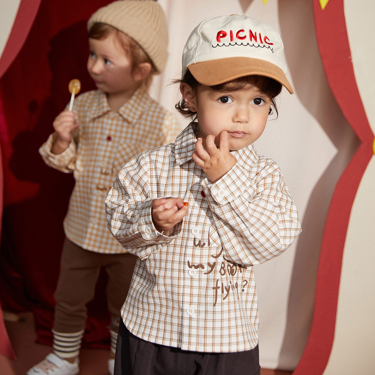 阿米拉童装22秋季新品男童宝宝格子衬衫兄妹装柔软舒适休闲上衣秋