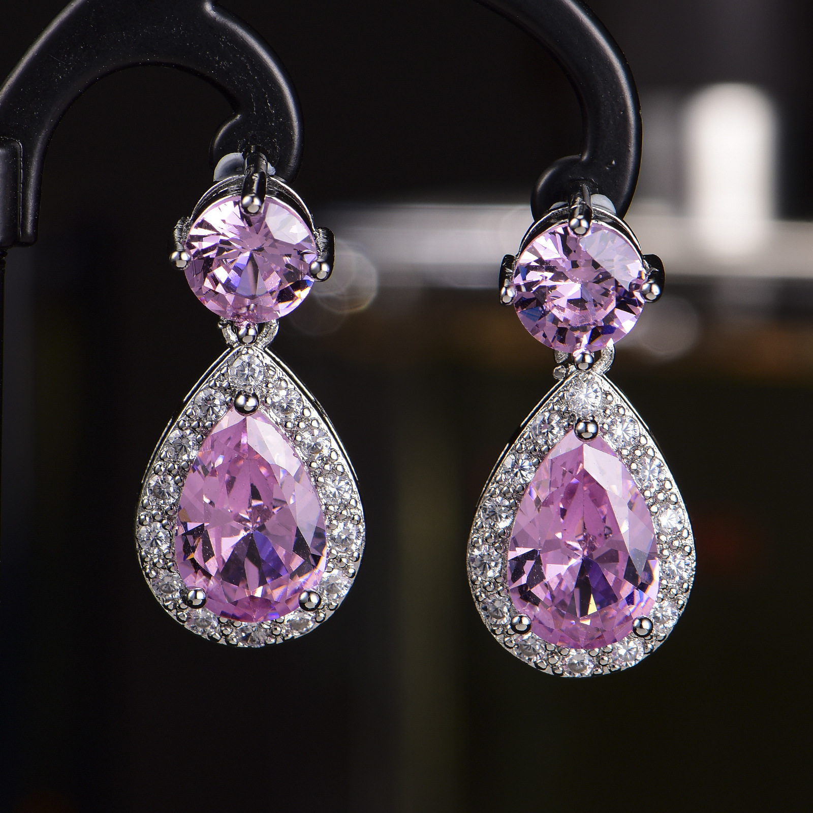 新品群镶锆石水滴形仿真碧玺彩宝时尚耳坠女 气质耳钉耳饰品批发