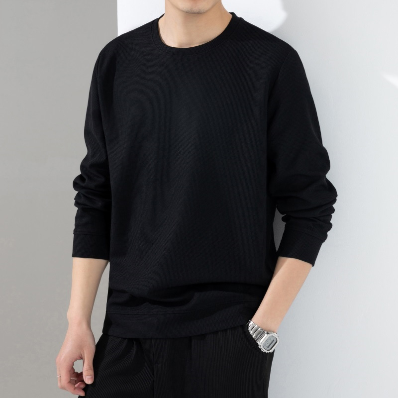 round Neck Waffle Sweater Men's Spring Thin round Neck Long Sleeve T-shirt 2023 New Bottoming Top