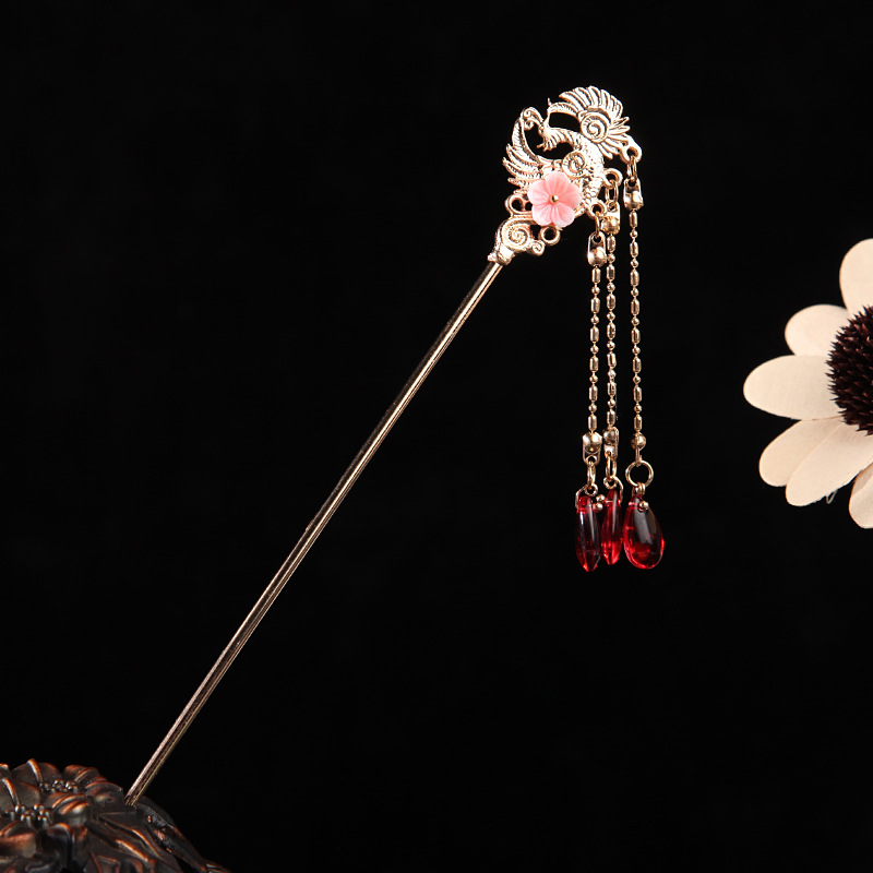 可盘发链条流苏双簪古风发簪珍珠发钗双节棍簪子后压汉服头饰古典