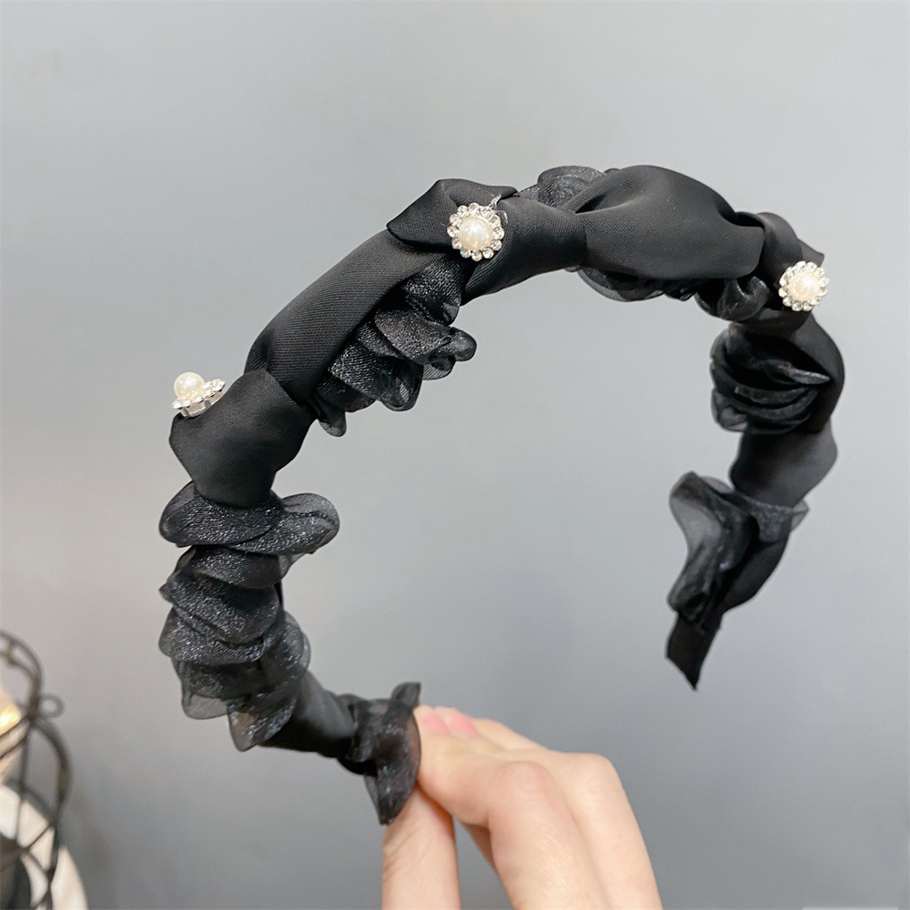 Snowflake Rhinestone Pleated Headband Organza Pile Folding Design Sense Korean Style High Skull Top Headband Handmade Hair Accessories