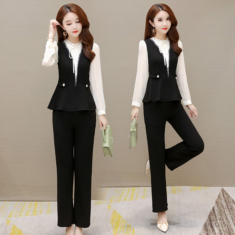 气质时尚套装女2022年春季新款韩版修身小个子拼接优雅女装两件套