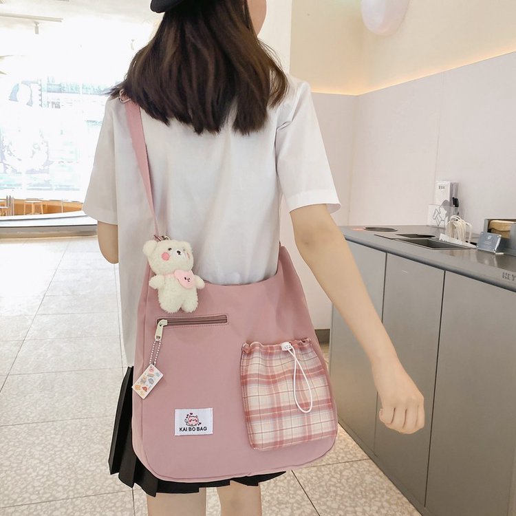 Korean Style Ulzzang College Style Simple Cute Mori Style Artistic Soft Girls Student Drawstring Plaid Crossbody Bag Female