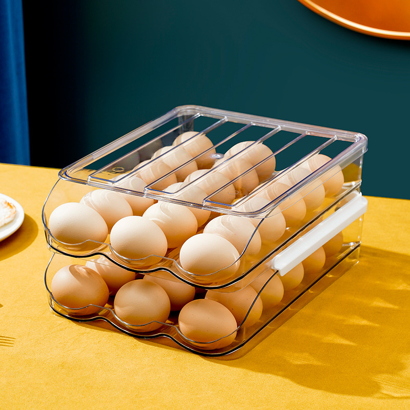 Factory Direct Sales Wholesale Automatic Rolling Egg Storage Box Roll-out Double-Layer Kitchen Transparent Refrigerator Preservation Storage Box