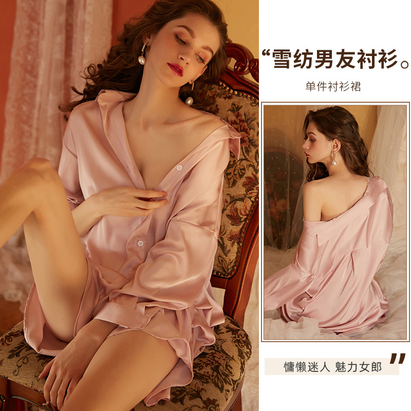Xianxiao Sexy Boyfriend Style Shirt Pajamas Women Xiacnee Want Wind Thin Silk Homewear Can Be Worn outside Large Size 430