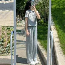 绣花盐系韩版宽松POLO短袖运动套装夏季学生长裤跑步休闲两件套女