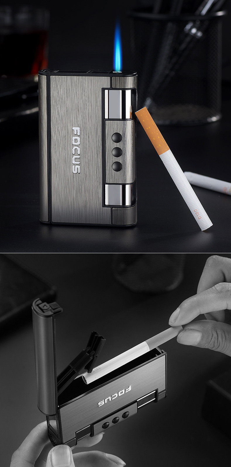 focus焦点自动弹烟带打火机创意防风超薄男士烟盒厂家批发直销