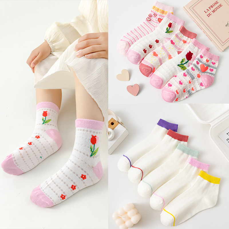 5双包邮 儿童袜子批发春夏可爱花朵网眼袜透气无骨女童宝宝袜子棉