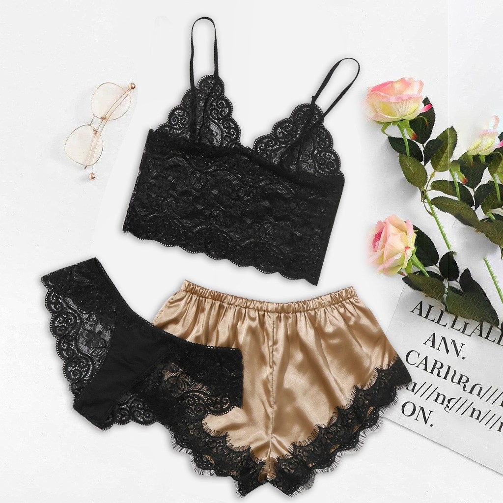 亚马逊厂家直销蕾丝透视三点式仿真丝短裤舒服睡眠性感情趣内衣