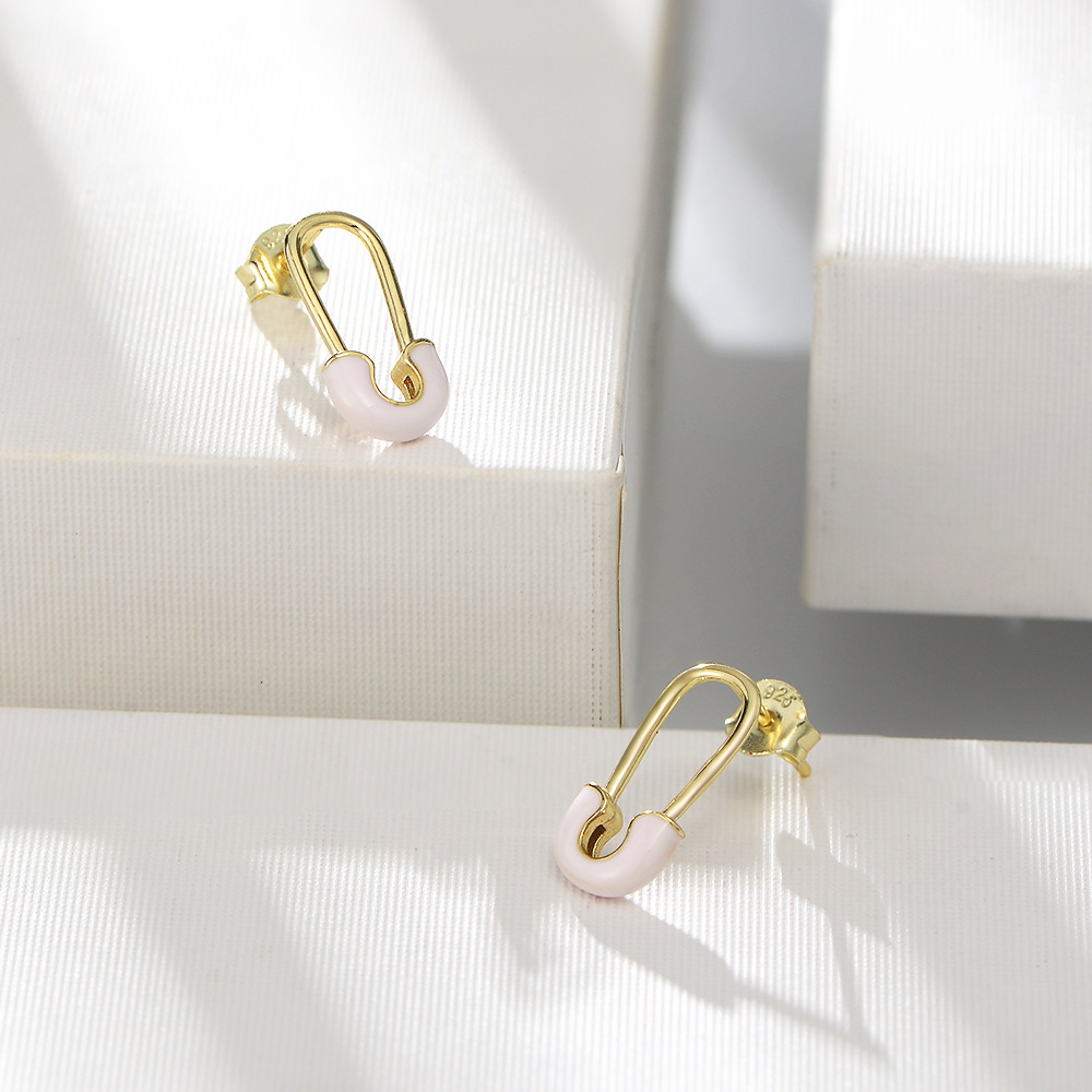 s925纯银简约回形针耳钉女欧美ins个性小众设计感滴胶耳环银耳饰