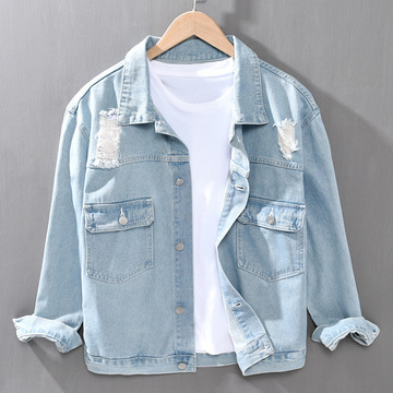 日系休闲男士牛仔夹克潮流帅气外套春装磨破洞纯色百搭上衣服男