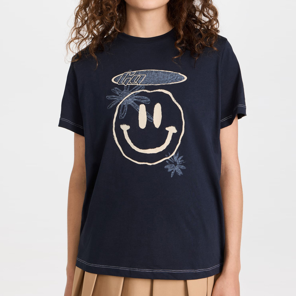 2023现货丹麦新款笑脸字母印花撞色缝线圆领休闲宽松短袖 t恤女