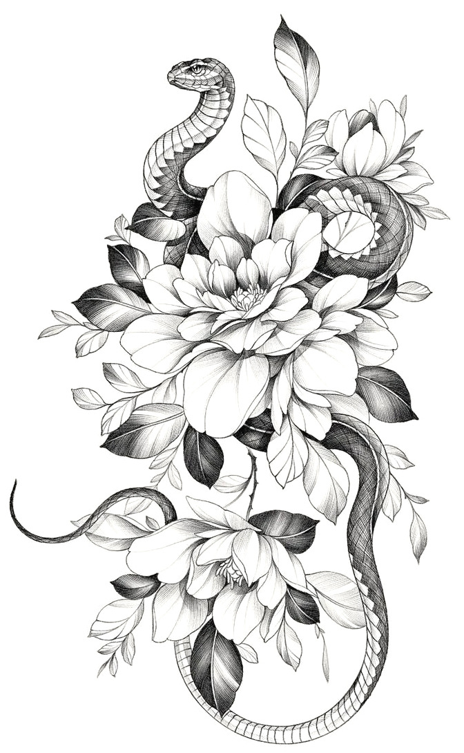 现货批发黑白素描花朵纹身贴暗黑花臂纹身贴纸玫瑰花朵tattoo