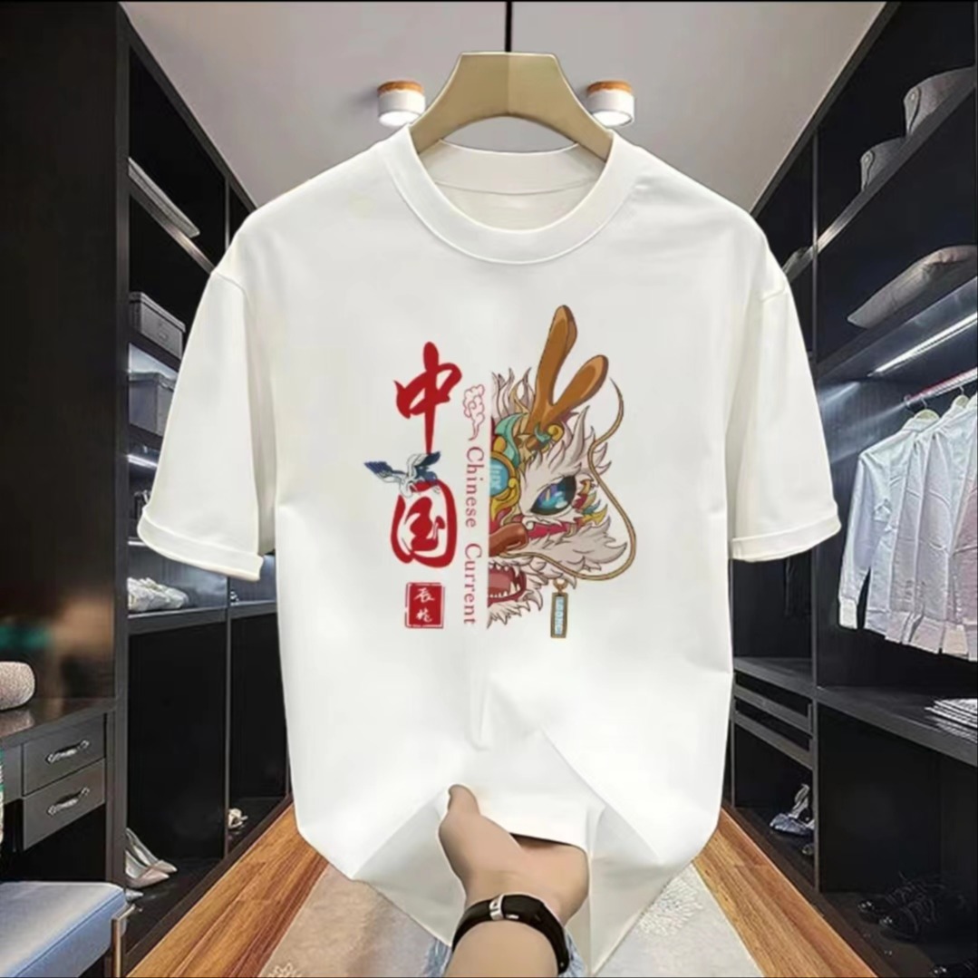 夏季白色t恤中国风醒狮男短袖夏港风休闲宽松ins潮牌国潮半袖衣服
