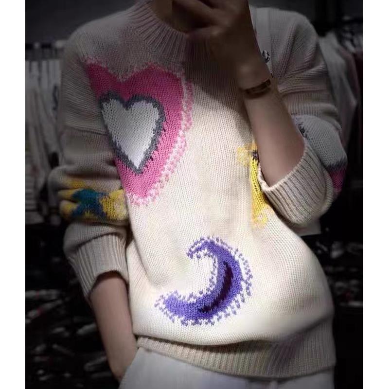 圆领拼色星星月亮提花羊绒毛衣2021秋季新款时尚百搭慵懒风女潮