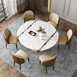 极简亮光岩板可旋转伸缩圆桌方圆两用餐桌家用小户型多功能变形桌