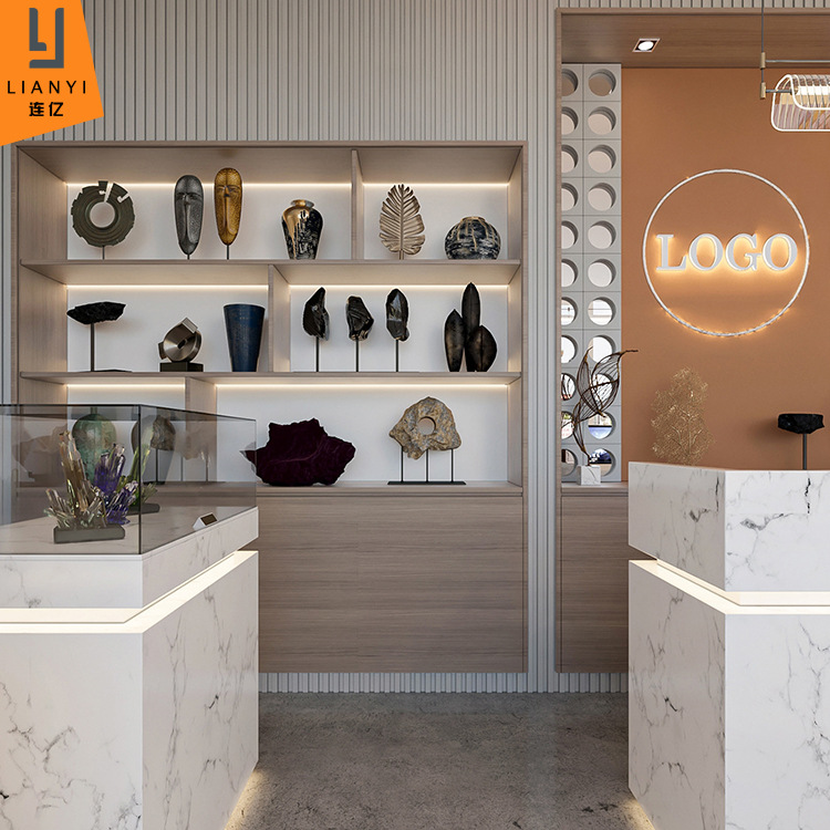 定制精品店商品展示柜木质摆件精品陈列柜大理石玻璃水晶石展示柜