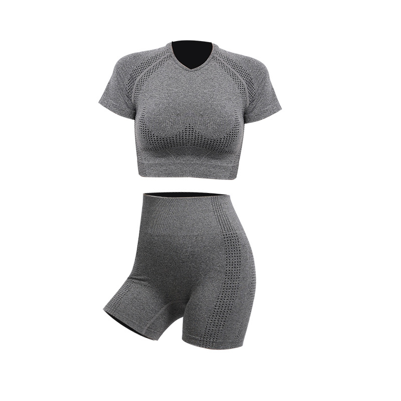 European and American Quick-Drying Seamless Yoga Suit Women's Short Sleeve Yoga Jacket Ultra High Waist Fitness Sports Yoga Pants Shorts