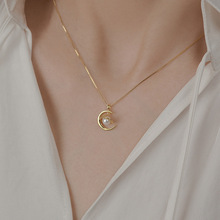 s925纯银锁骨颈链星球月亮吊坠珍珠项链女个性气质优雅小众设计感