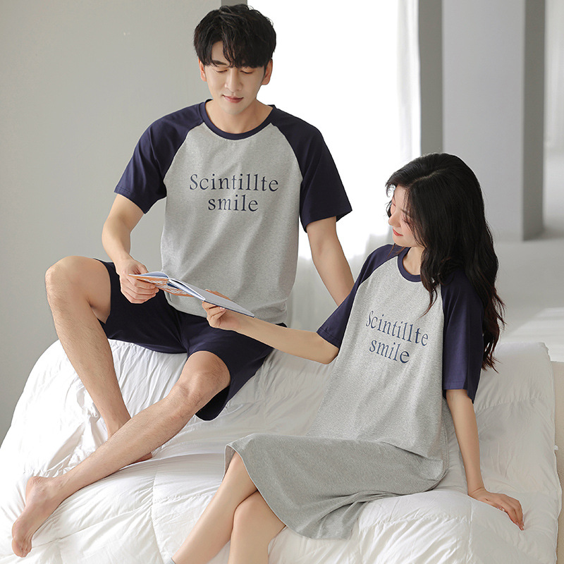 睡衣情侣装男女夏季纯棉短袖套装男夏长裙家居服卡通可外穿睡裙女