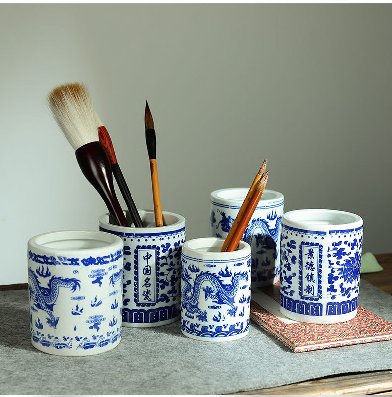 景德花陶瓷笔筒复古中国风仿古青花瓷毛笔桶大号书法用品文房四宝