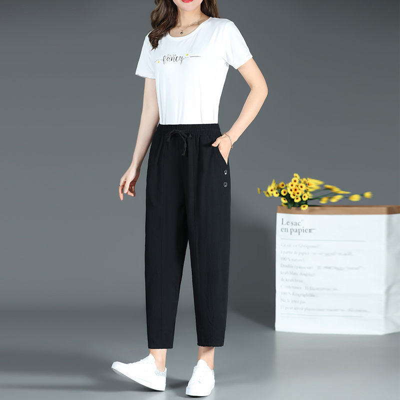 Middle-Aged Mom Cotton and Linen Cropped Pants Summer Women's Pants Loose plus Size Elastic Waist Casual Pants Harem Pants for Women