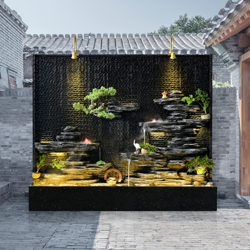 新中式水幕墙室外流水屏风家用瀑布庭院流水墙隔断景观山水摆件大