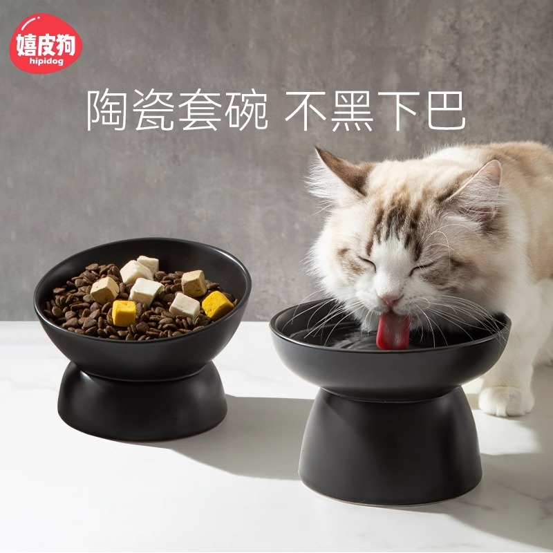 猫咪黑色高脚陶瓷碗铁架双碗猫咪喂食碗狗碗宠物饮水器喂食狗用品