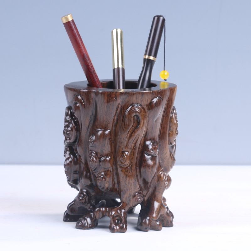 黑檀木雕笔筒 办公室实用创意毕业礼品木质logo刻字 工艺摆件