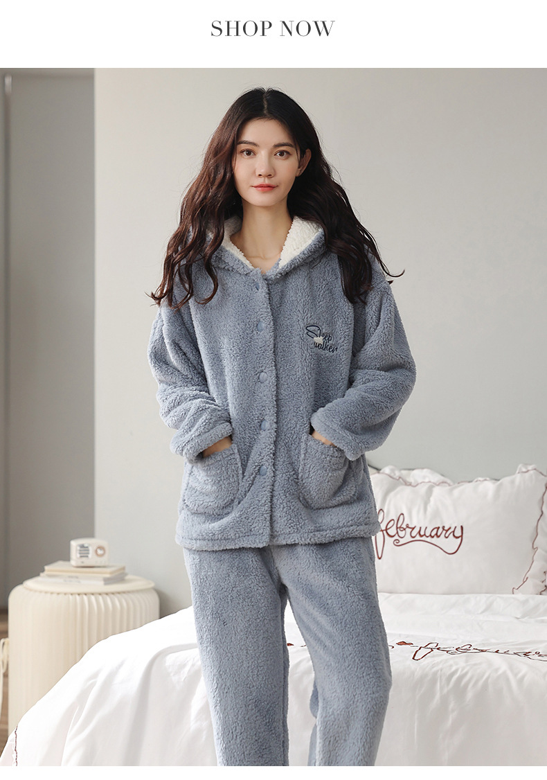 珊瑚绒睡衣女法兰绒加厚家居服冬季开衫连帽可爱法兰绒少女居家服