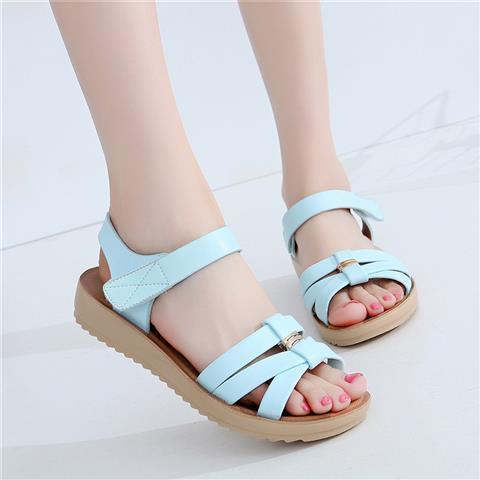 夏中大童简约百搭凉鞋平跟软底女鞋滑中学生黑色平底休闲凉鞋