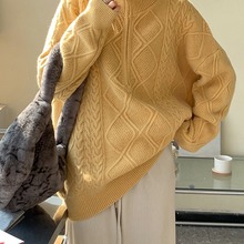 黄色立领针织打底衫女春季2024新款中长款拉链加厚设计感毛衣