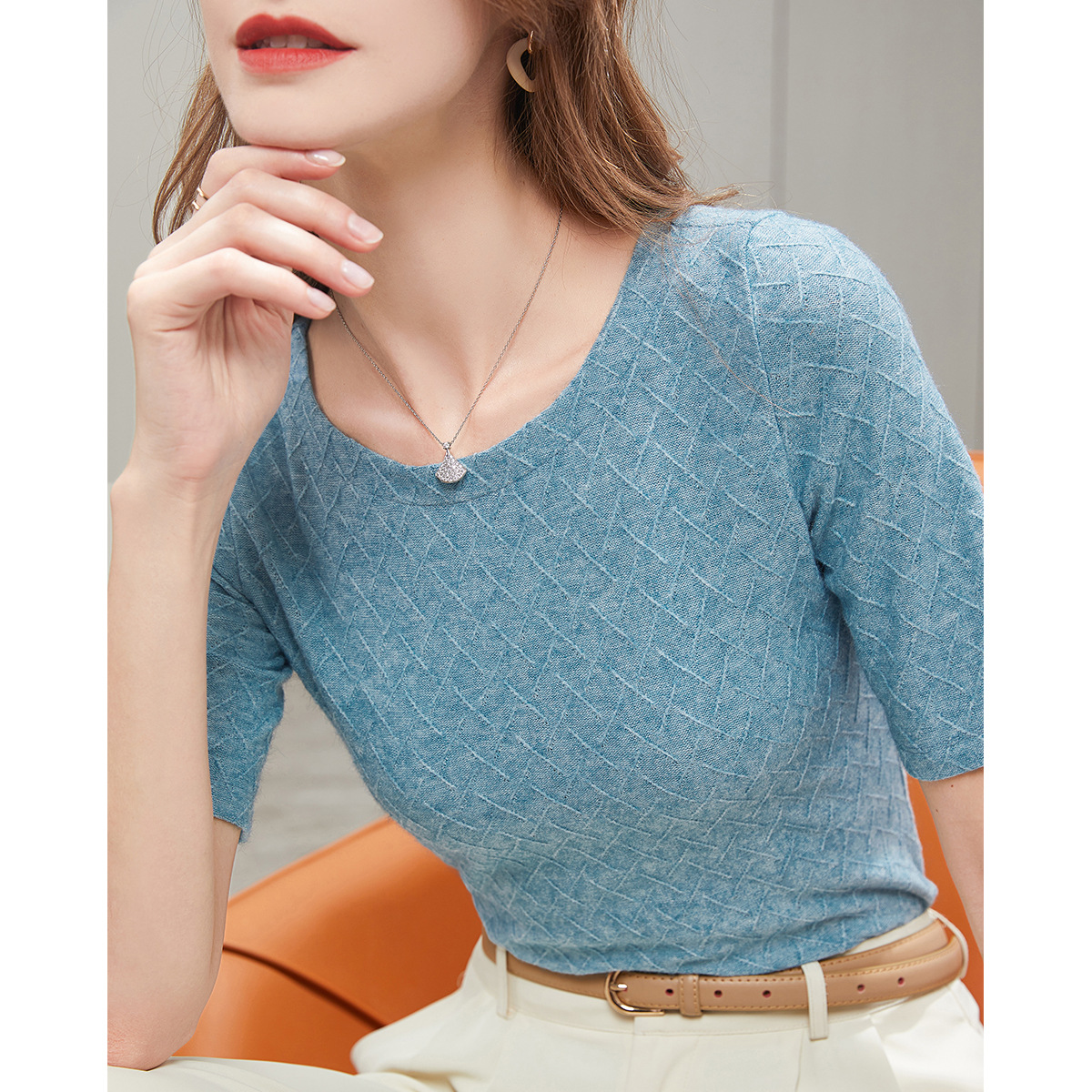 大圆领锁骨中袖t恤女春款女装2022年新款体恤复古五分袖洋气上衣