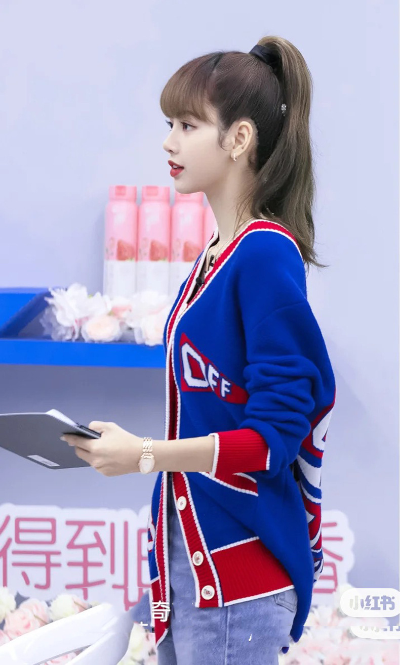 青春有你2lisa同款针织开衫毛衣女潮牌宽松蓝色v领ow针织外套上衣